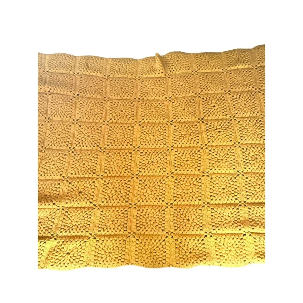 Handmade Yellow Crochet Afghan Blanket Vintage 70s Boho Cottagecore Throw Large